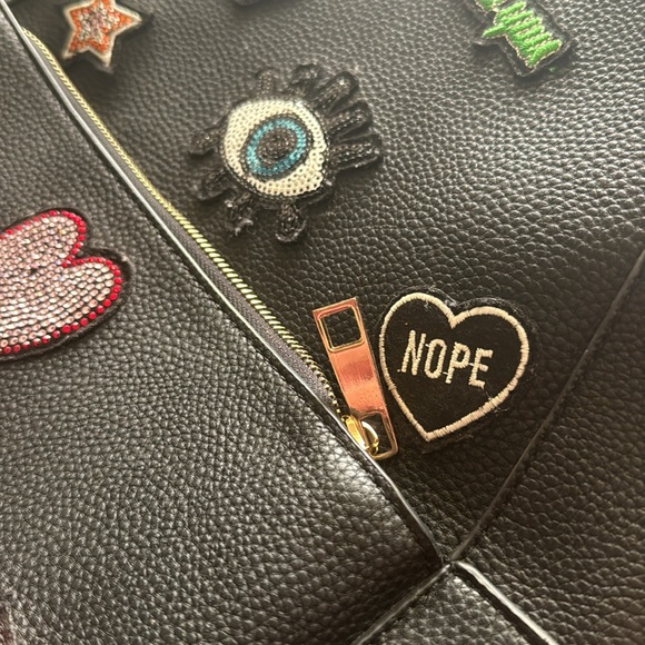 Aldo Black Faux Leather Backpack Punk Patches Embroidery Trendy Unique - Picture 6 of 6